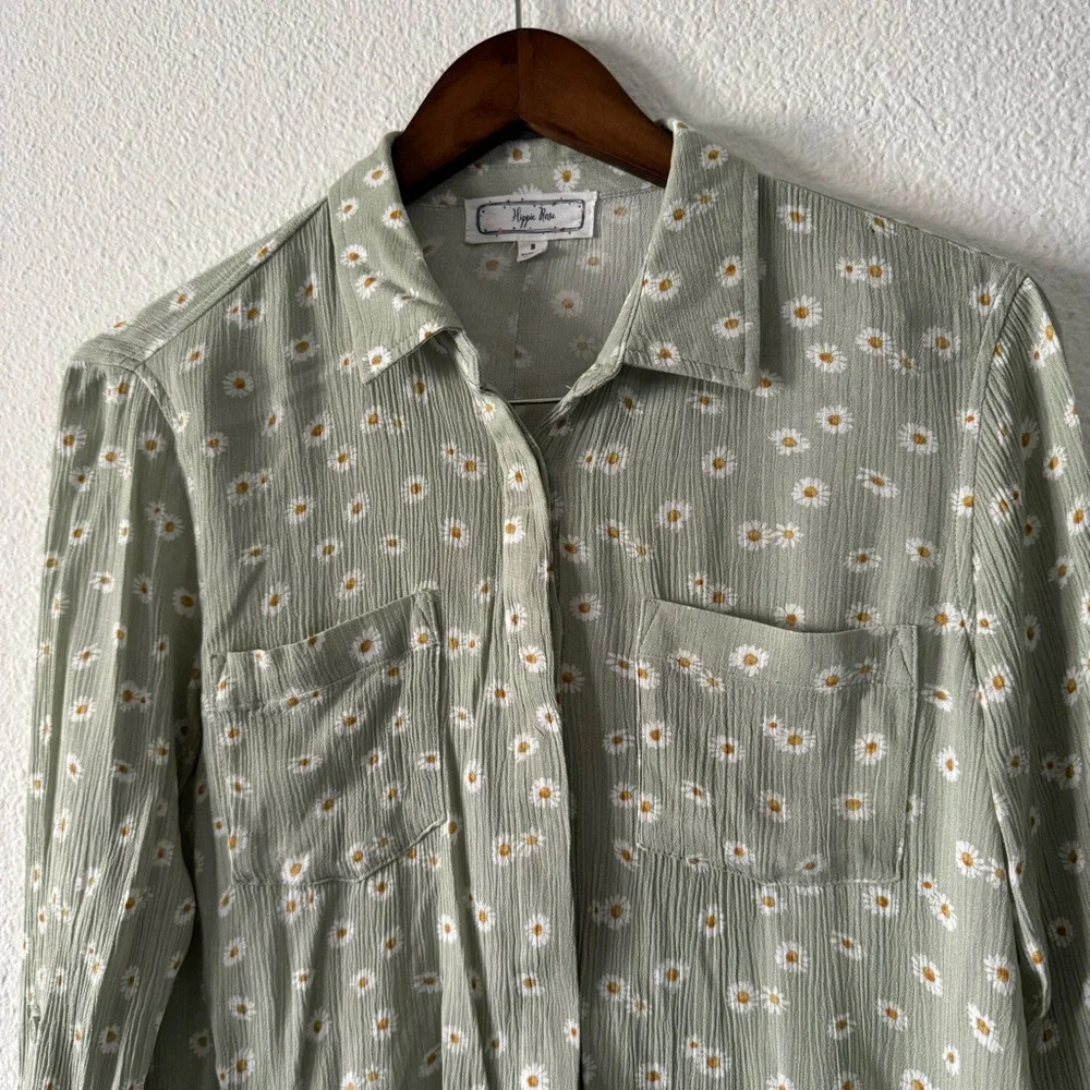Daisy Floral Mint Gauzy Roll Tab Lightweight Small Hippie Rose Size Small - Picture 3 of 14